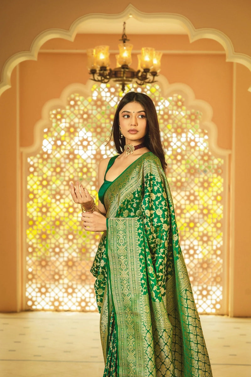 Green Banarasi Silk Saree | Traditional Zari Weave