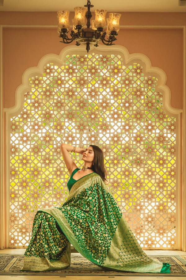 Green Banarasi Silk Saree | Traditional Zari Weave