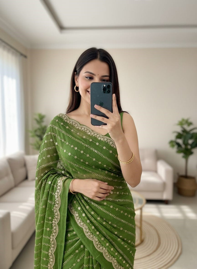 Green Georgette Sequence Work Saree with Embroidery Blouse | RD Radha