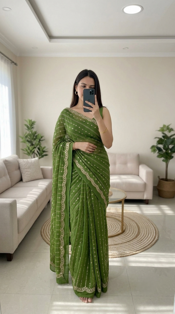 Green Georgette Sequence Work Saree with Embroidery Blouse | RD Radha