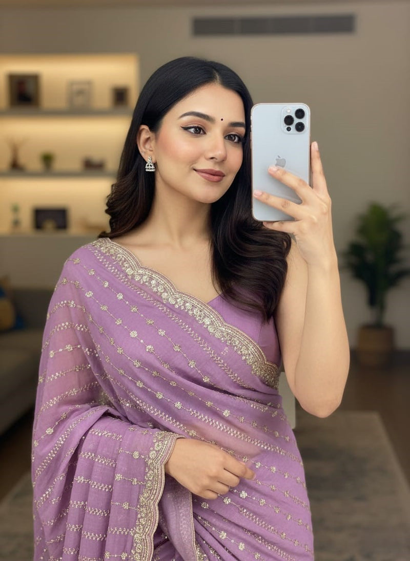 Green Lavender Georgette Sequence Work Saree with Embroidery Blouse | RD Radha