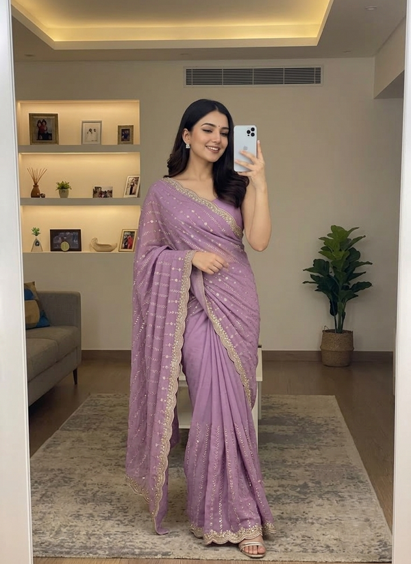 Green Lavender Georgette Sequence Work Saree with Embroidery Blouse | RD Radha