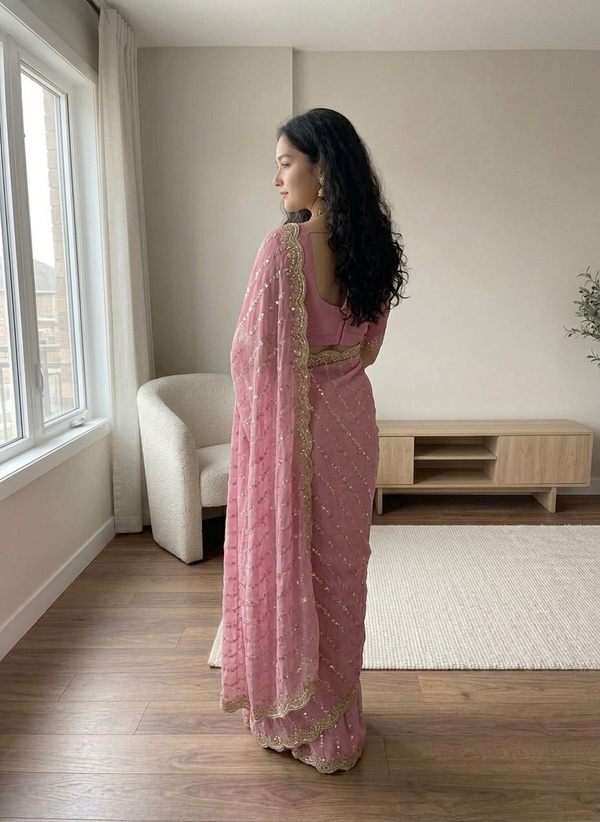 Green Pink Georgette Sequence Work Saree with Embroidery Blouse | RD Radha