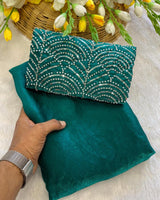 Green Satin Bollywood Saree with Moti Work Designer Blouse | RD DIVISHA