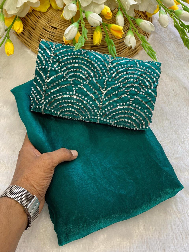 Green Satin Bollywood Saree with Moti Work Designer Blouse | RD DIVISHA