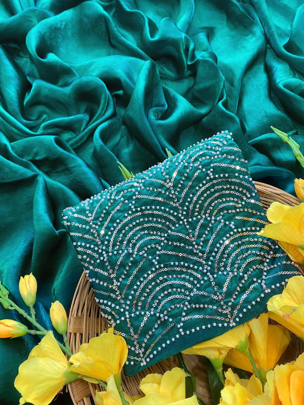 Green Satin Bollywood Saree with Moti Work Designer Blouse | RD DIVISHA