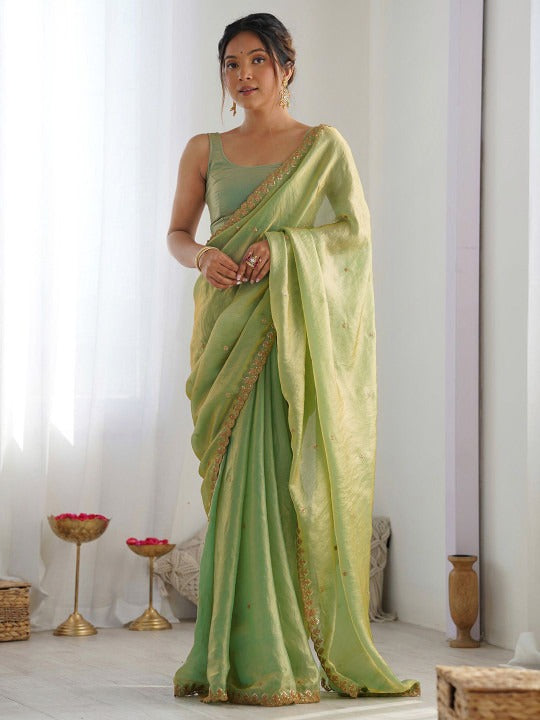 Green Space Silk Sequin Embroidery Saree for Party Wear | RD KAVYA detail view