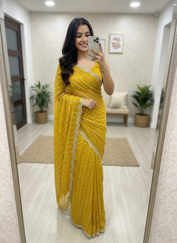 Green Yellow Georgette Sequence Work Saree with Embroidery Blouse | RD Radha