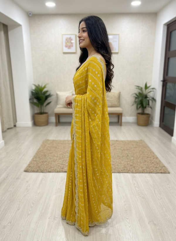 Green Yellow Georgette Sequence Work Saree with Embroidery Blouse | RD Radha