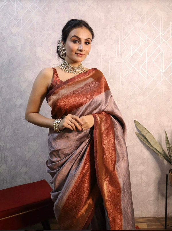 Grey Banarasi Silk Saree | Traditional Zari Weave