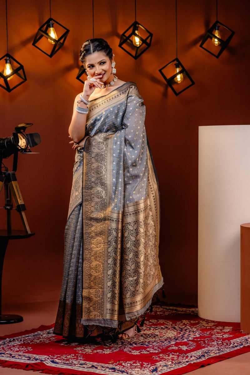 Grey Jacquard Silk Saree | Festival & Ceremony Wear