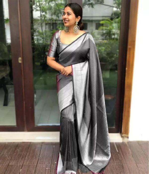 Grey Jacquard Silk Saree | Festive & Party Wear
