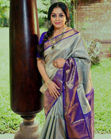 Grey Jacquard Silk Saree | Festive & Party Wear