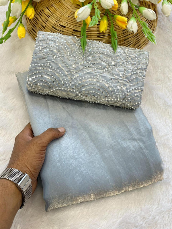 Grey Satin Bollywood Saree with Moti Work Designer Blouse | RD DIVISHA detail view
