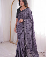 Lavendar Mirror Work Saree with Floral Embroidery Border | RD HEMANI