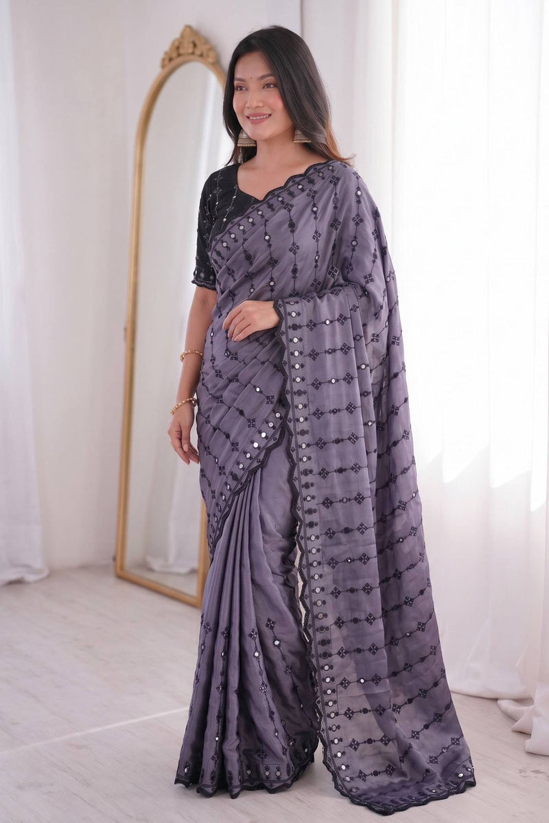Lavendar Mirror Work Saree with Floral Embroidery Border | RD HEMANI