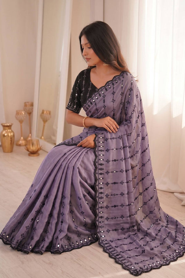 Lavendar Mirror Work Saree with Floral Embroidery Border | RD HEMANI