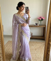 Lavendar Satin Saree with Gold Embroidery & Pearl Work Border | RD KAVITA
