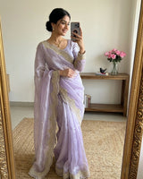 Lavendar Satin Saree with Gold Embroidery & Pearl Work Border | RD KAVITA