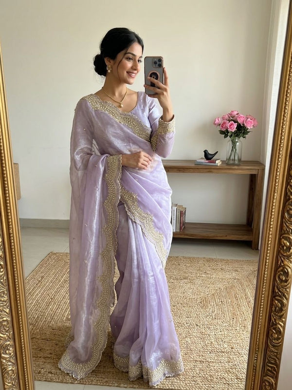 Lavendar Satin Saree with Gold Embroidery & Pearl Work Border | RD KAVITA detail view