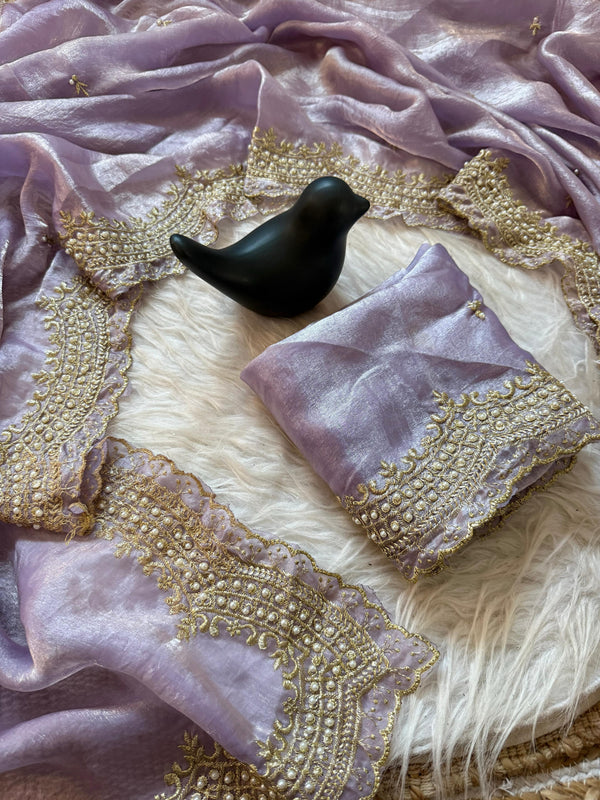 Lavendar Satin Saree with Gold Embroidery & Pearl Work Border | RD KAVITA