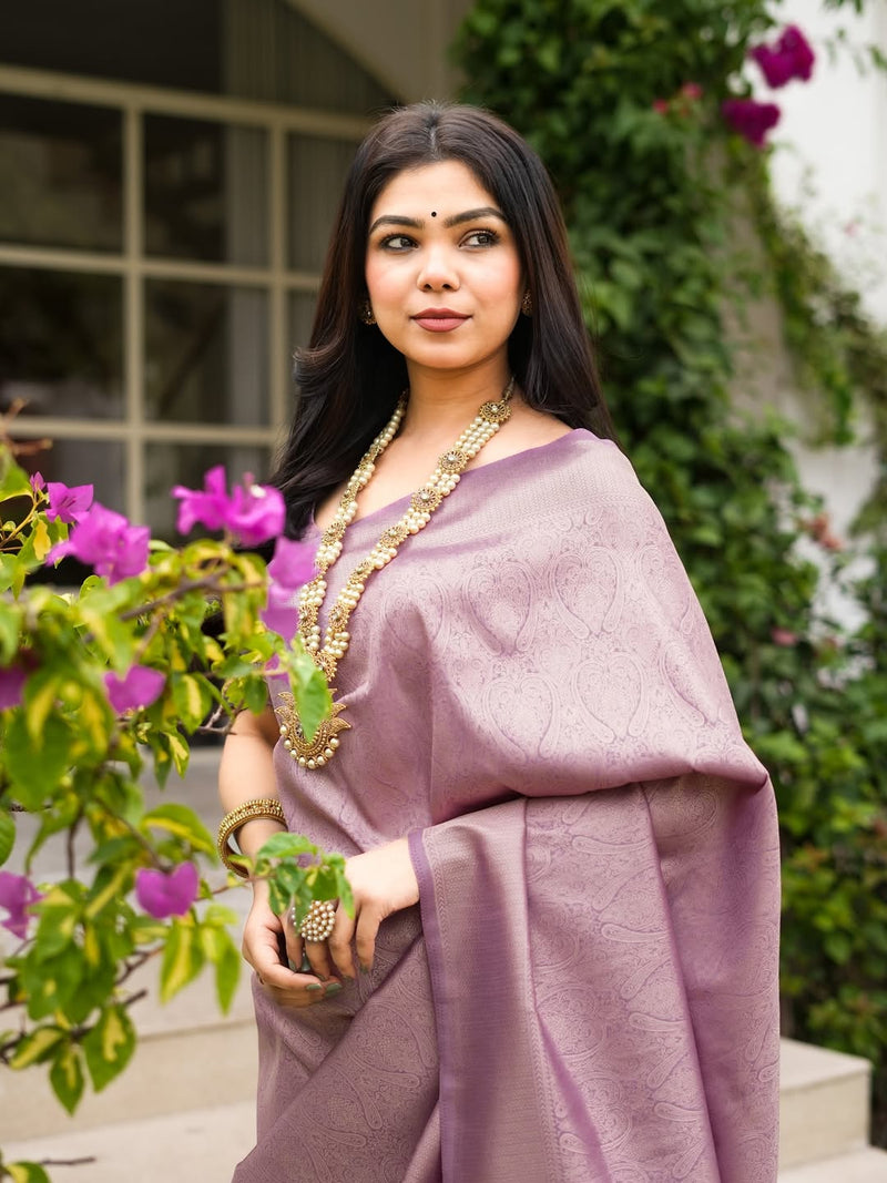 Lavender Banarasi Silk Saree | Traditional Zari Weave