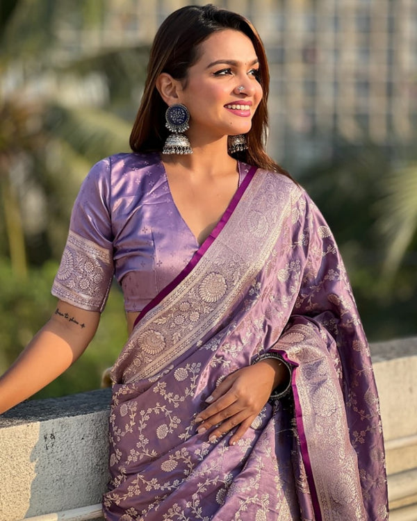 Lavender Jacquard Silk Saree | Wedding & Reception Wear