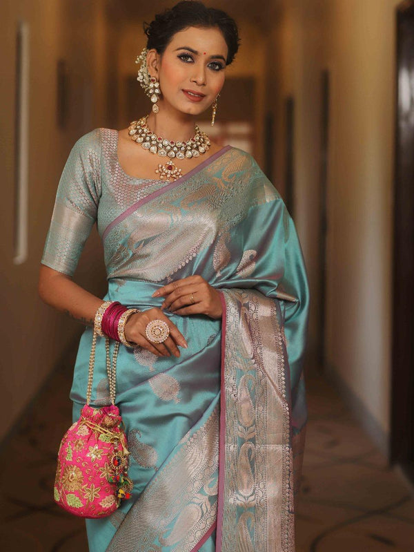 Light Blue Banarasi Silk Saree | Festive & Party Wear