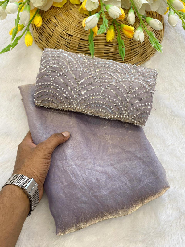 Light Lavendar Satin Bollywood Saree with Moti Work Designer Blouse | RD DIVISHA detail view