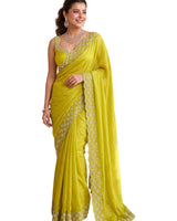 Lime Green Satin Saree with Zari Weaving & Siroski Border | RD TANISHKA