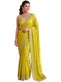 Lime Green Satin Saree with Zari Weaving & Siroski Border | RD TANISHKA
