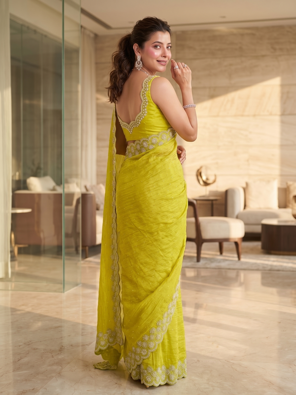 Lime Green Satin Saree with Zari Weaving & Siroski Border | RD TANISHKA