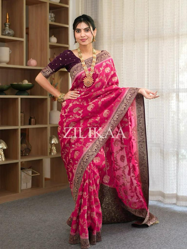Magenta Pink Banarasi Silk Saree | Festival & Ceremony Wear detail view