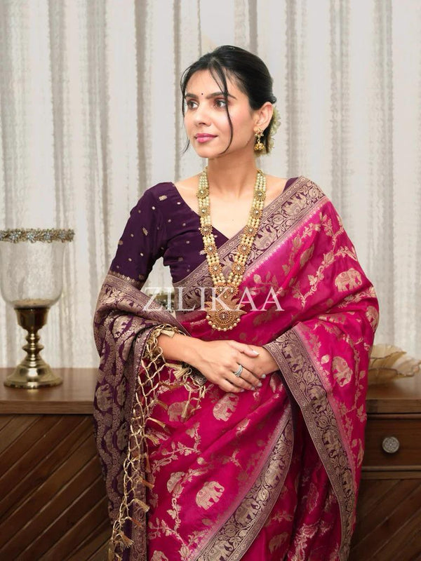 Magenta Pink Banarasi Silk Saree | Festival & Ceremony Wear