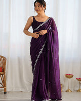 Magenta Space Silk Sequin Embroidery Saree for Party Wear | RD KAVYA