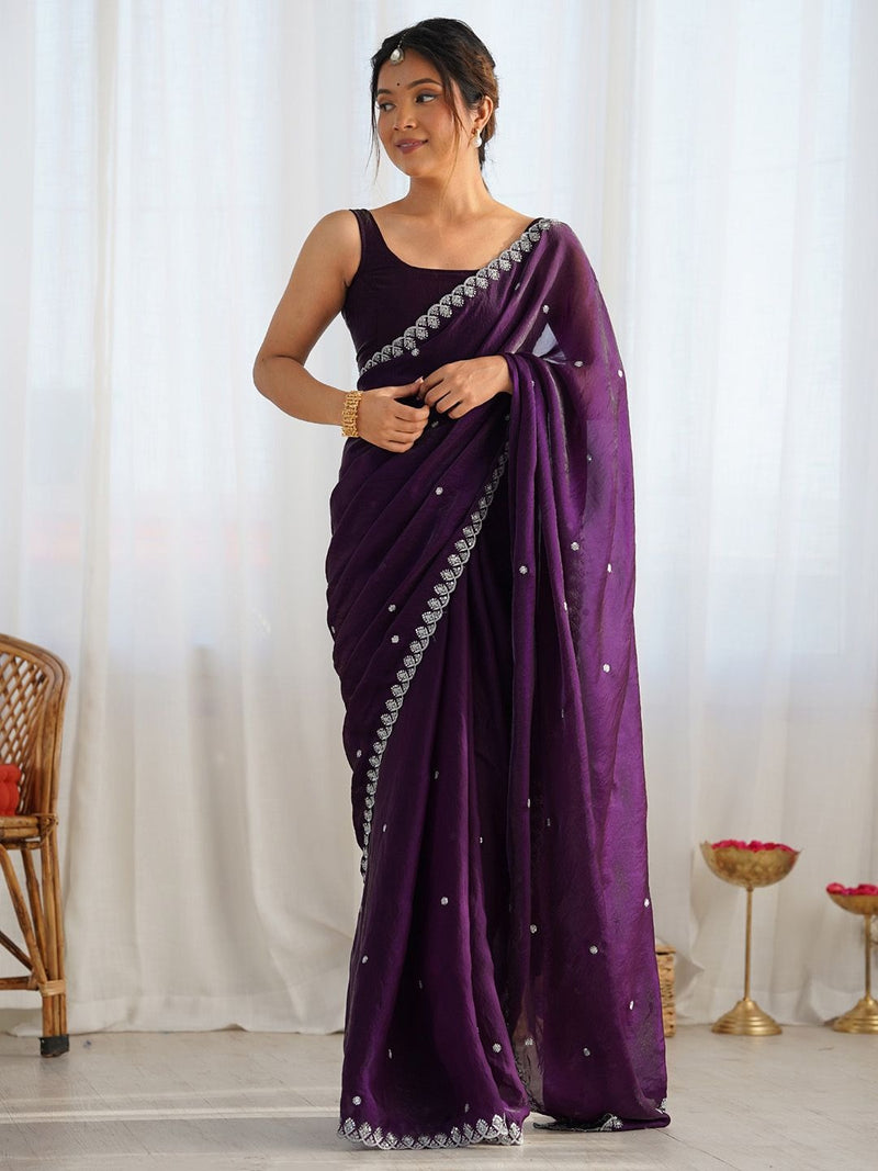Magenta Space Silk Sequin Embroidery Saree for Party Wear | RD KAVYA