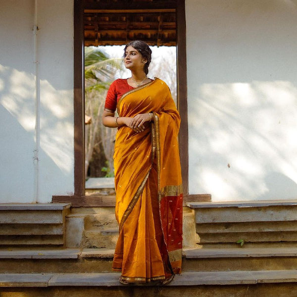 Marigold Yellow Cotton Saree | Comfort Handloom Weave detail view