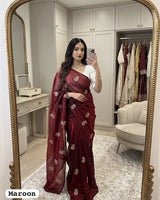 Maroon Chiffon Party Wear Saree with Siroski & Moti Work | RD KHUSHI