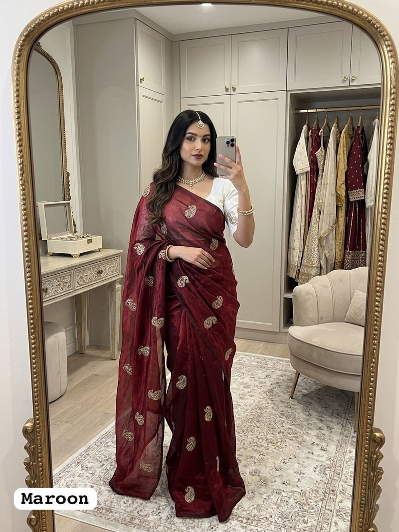 Maroon Chiffon Party Wear Saree with Siroski & Moti Work | RD KHUSHI