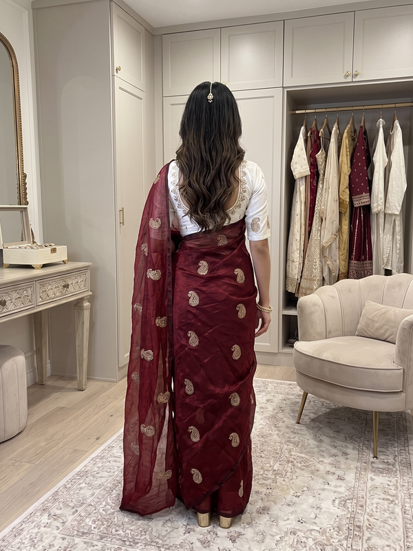 Maroon Chiffon Party Wear Saree with Siroski & Moti Work | RD KHUSHI