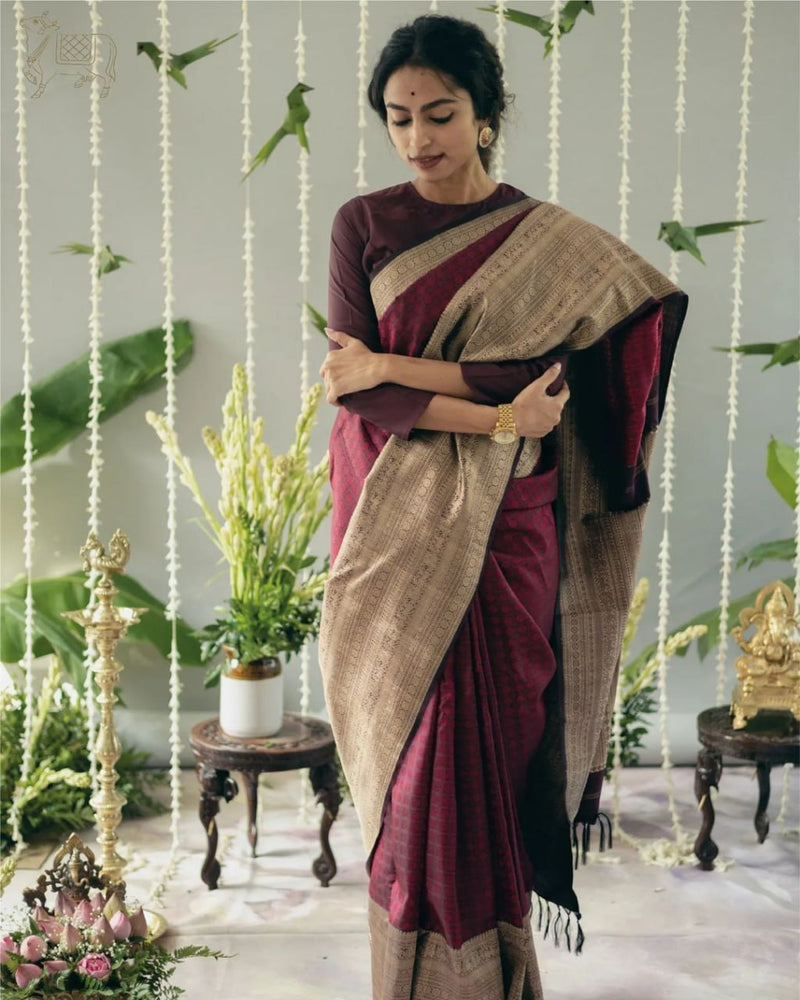 Maroon Jacquard Silk Saree | Festival & Ceremony Wear