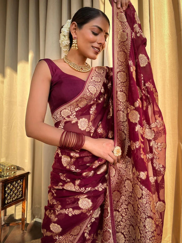 Maroon Jacquard Silk Saree | Rich Zari Border Saree