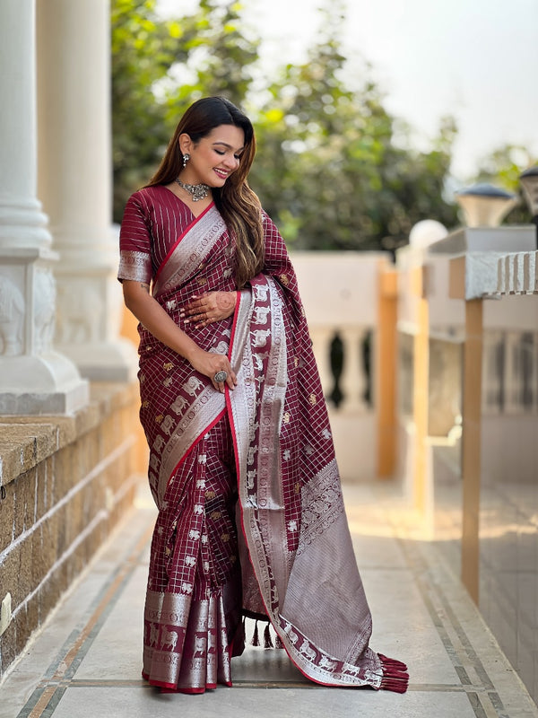 Maroon Kanjivaram Silk Saree | Wedding & Reception Wear detail view