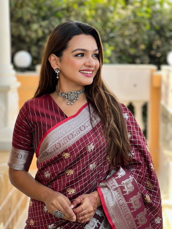 Maroon Kanjivaram Silk Saree | Wedding & Reception Wear