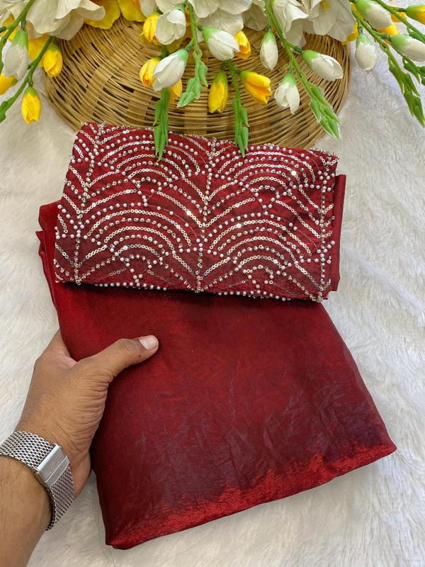 Maroon Satin Bollywood Saree with Moti Work Designer Blouse | RD DIVISHA detail view