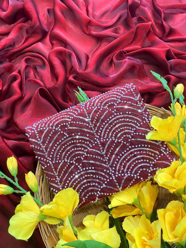 Maroon Satin Bollywood Saree with Moti Work Designer Blouse | RD DIVISHA