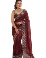 Maroon Satin Saree with Zari Weaving & Siroski Border | RD TANISHKA
