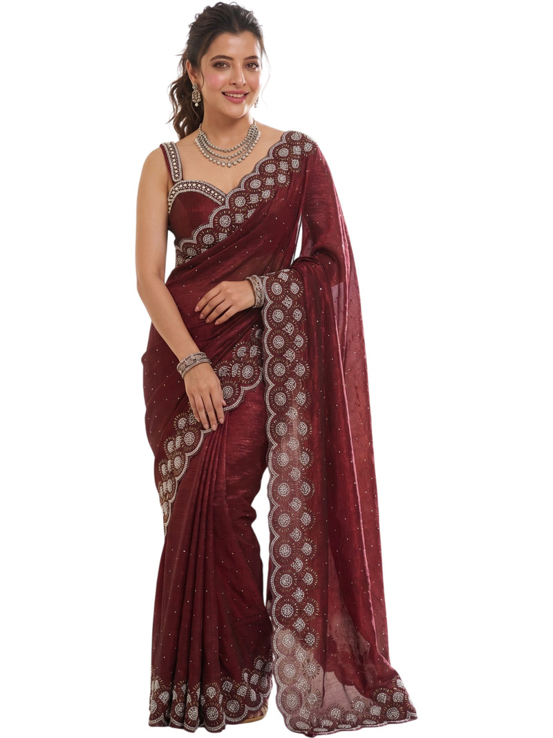 Maroon Satin Saree with Zari Weaving & Siroski Border | RD TANISHKA