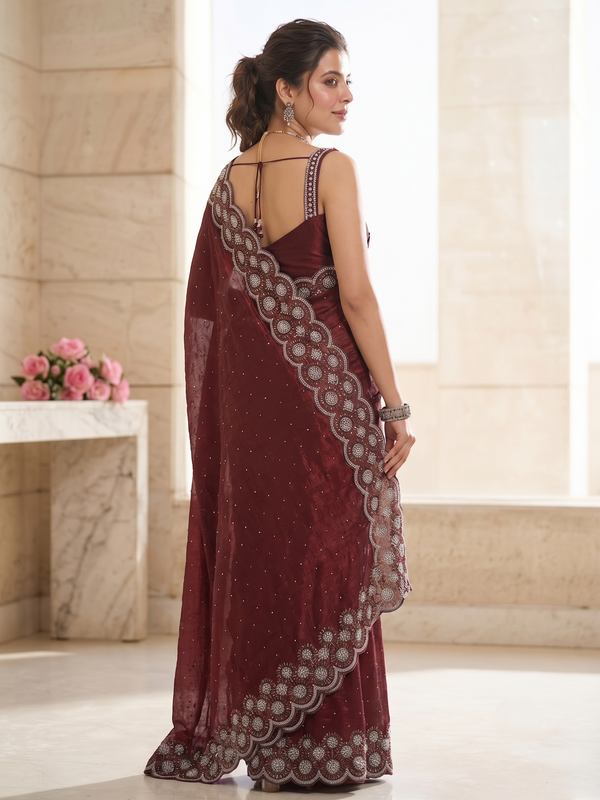 Maroon Satin Saree with Zari Weaving & Siroski Border | RD TANISHKA