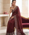 Maroon Satin Saree with Zari Weaving & Siroski Border | RD TANISHKA